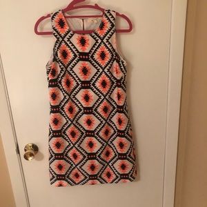 Black, white and coral print dress
